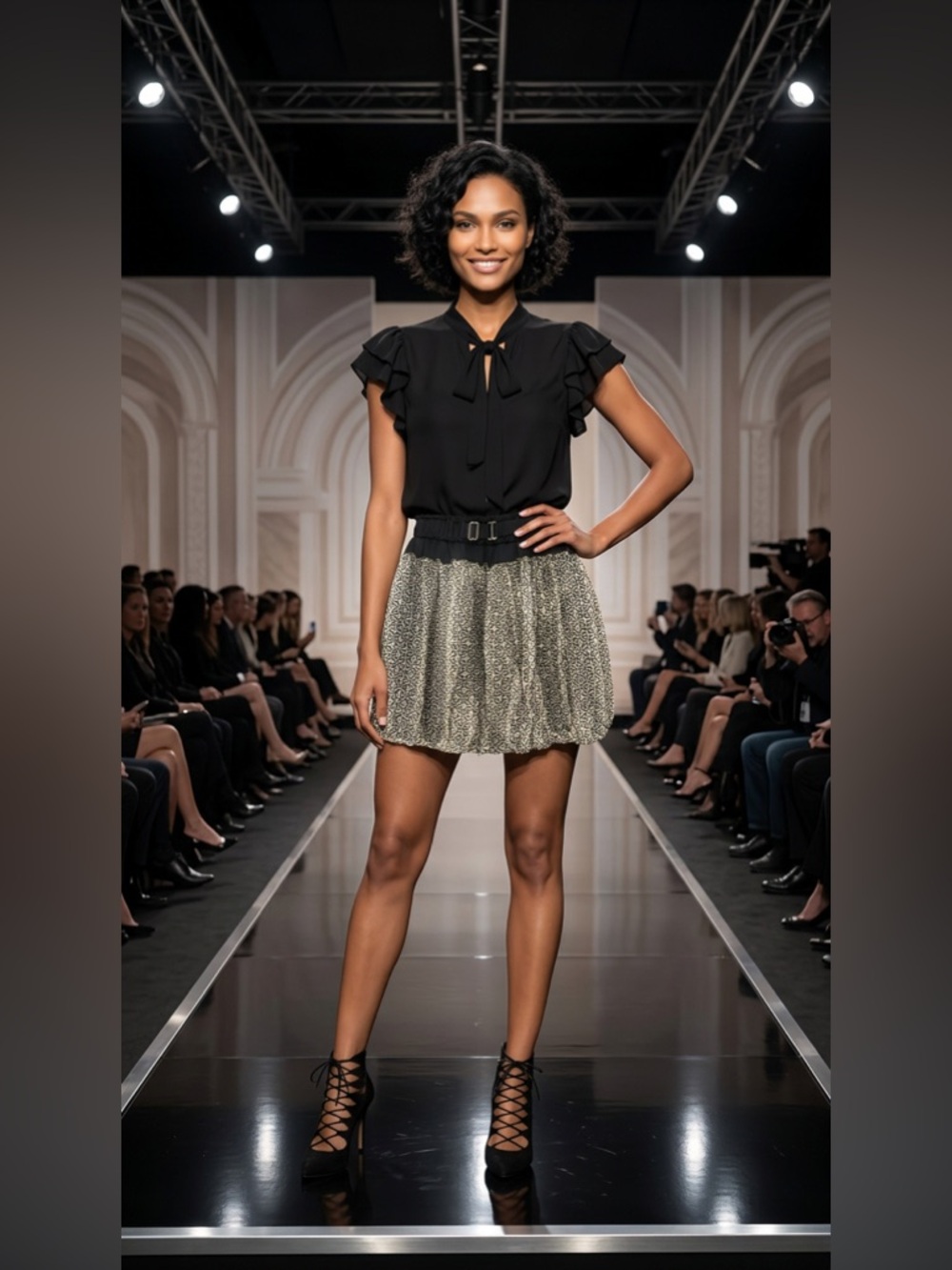 Poleci Cream Patterned Bubble Mini Skirt with Black Waistband